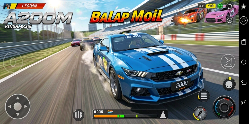 Screenshot gameplay A200M yang menunjukkan aksi balapan mobil.