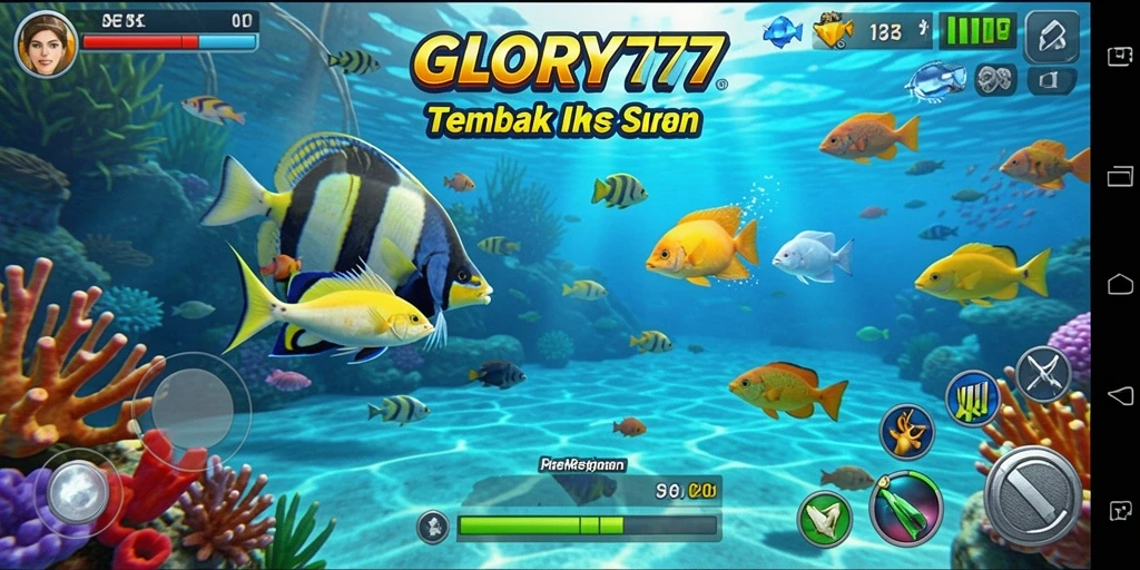 Screenshot utama GLORY777 menampilkan aksi seru menembak ikan di lautan.