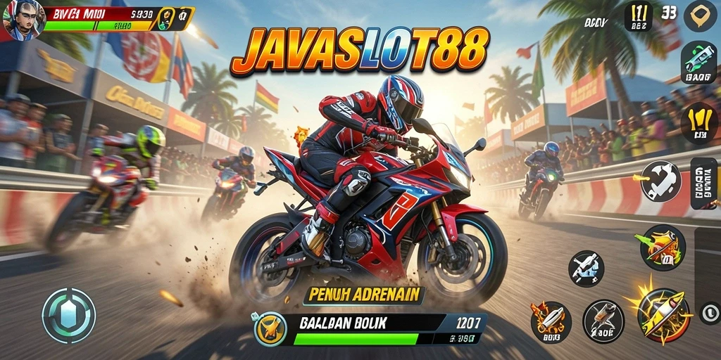 Tangkapan layar permainan JAVASLOT88 menampilkan aksi balapan motor yang seru.