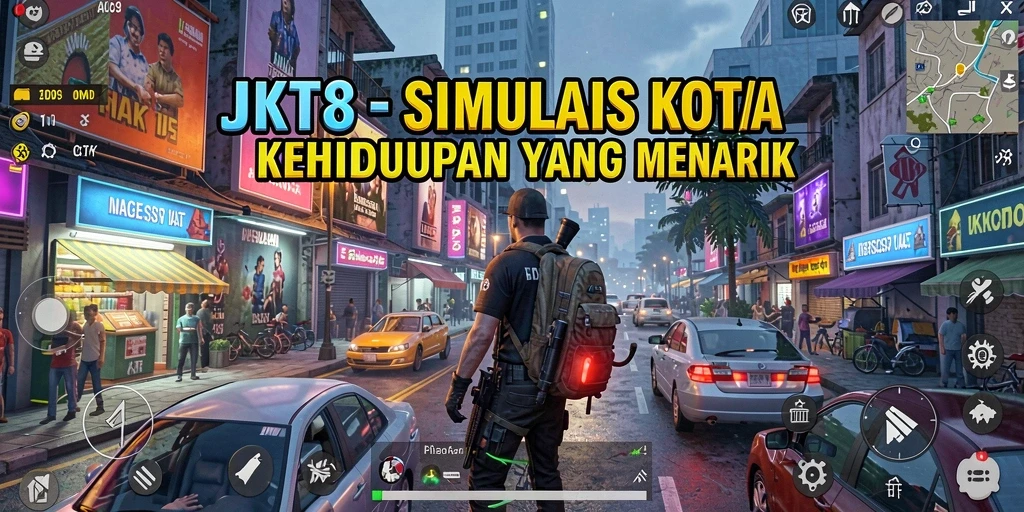 Gameplay JKT8 yang menampilkan interaksi sosial dan aktivitas kota.