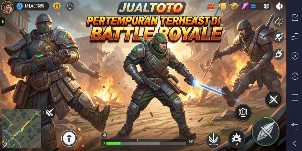 Tangkapan layar gameplay <strong>JUALTOTO</strong> menampilkan aksi pertempuran seru di arena Battle Royale.