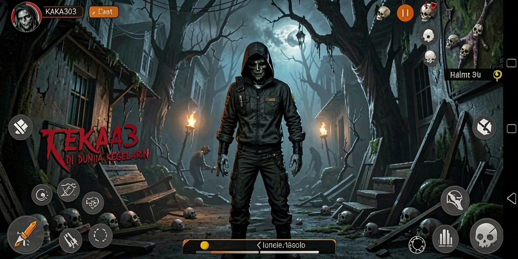 Screenshot gameplay KAKA303 menampilkan suasana mencekam di ruang gelap.