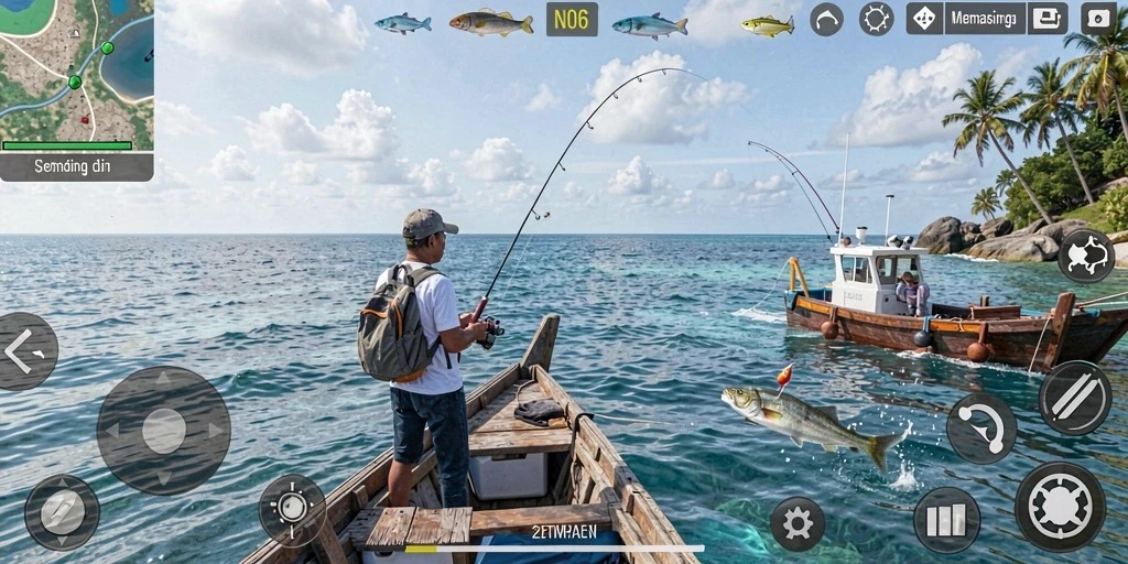 Screenshot gameplay N06 yang menampilkan pengalaman memancing yang mendebarkan.