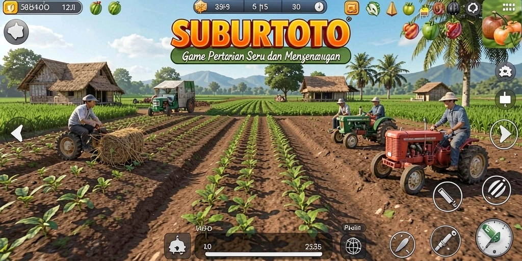 Tampilan gameplay SUBURTOTO yang menampilkan ladang rapi dan tanaman subur.